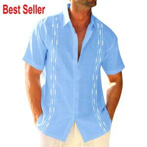 Cotton Linen Short Sleeve Button Down Shirt Regular Fit Casual